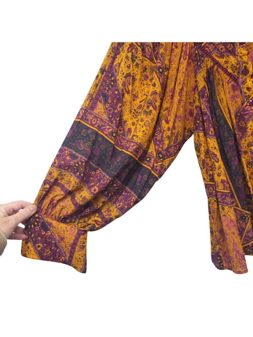 Oliveaceous Yellow Purple Long Sleeve Top Floral Paisley Cottage Core Boho Fall - Picture 3 of 11